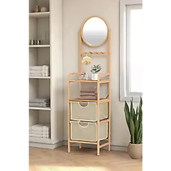 Digithome Bambu Aynalı 2 Çekmeceli Banyo Düzenleyici 2 Raflı Şifonyer Makyaj Organizeri DB-0035