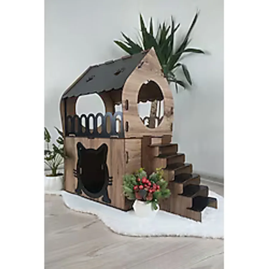 Digitus Kedi Evi Teraslı İki Katlı Merdivenli ahsap
