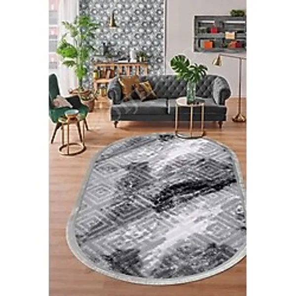 Dijidekor Halı Antrasit Cool Karo Saçaklı Oval Kesme Ince Yolluk Kilim Salon Halısı Modelleri