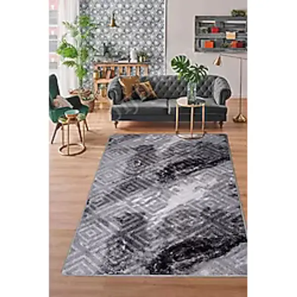 Dijidekor Halı Antrasit Cool Karo Yıkanabilir Kesme Ince Yolluk Kilim Salon Halısı Modelleri, ANTRASİT-SAÇAKSIZ, 200x300