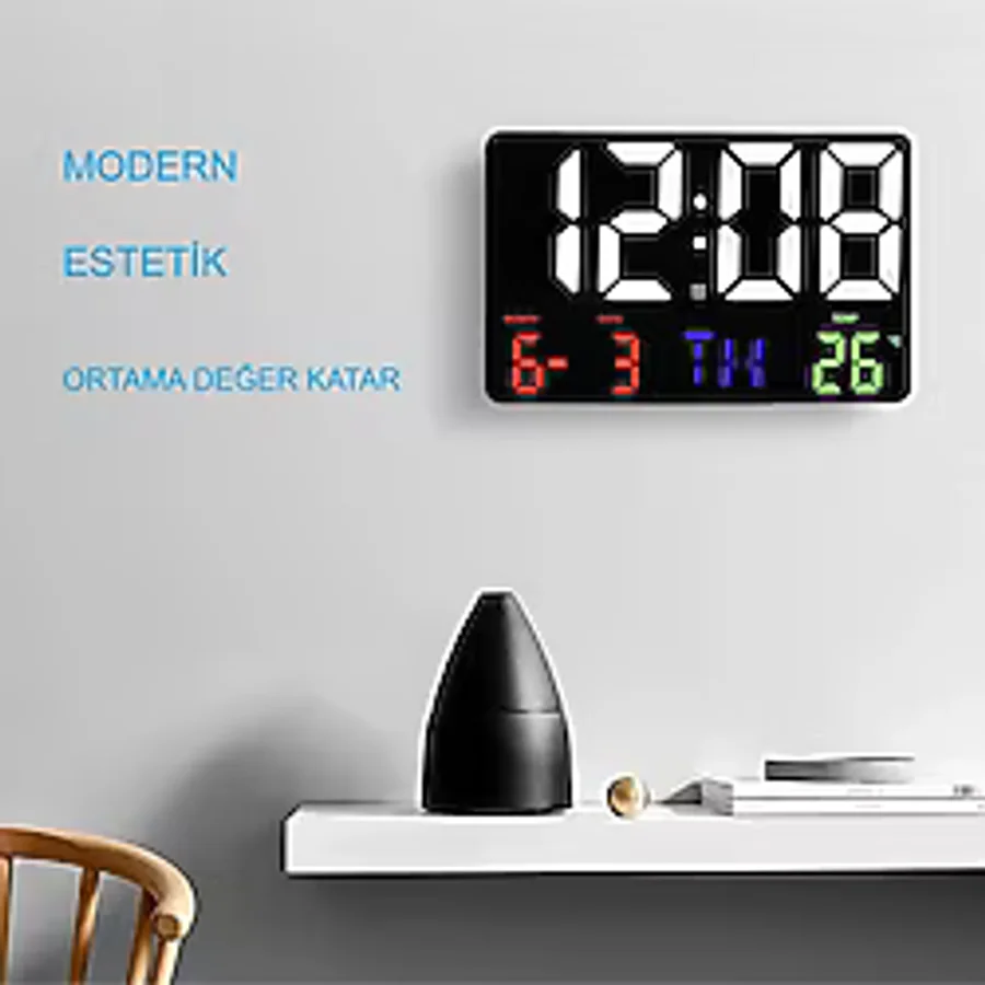 Dijital Duvar Saati Hd Led Ekran Tarih Gün Sıcaklık Alarm Usb Dekoratif 25x16cm Siyah