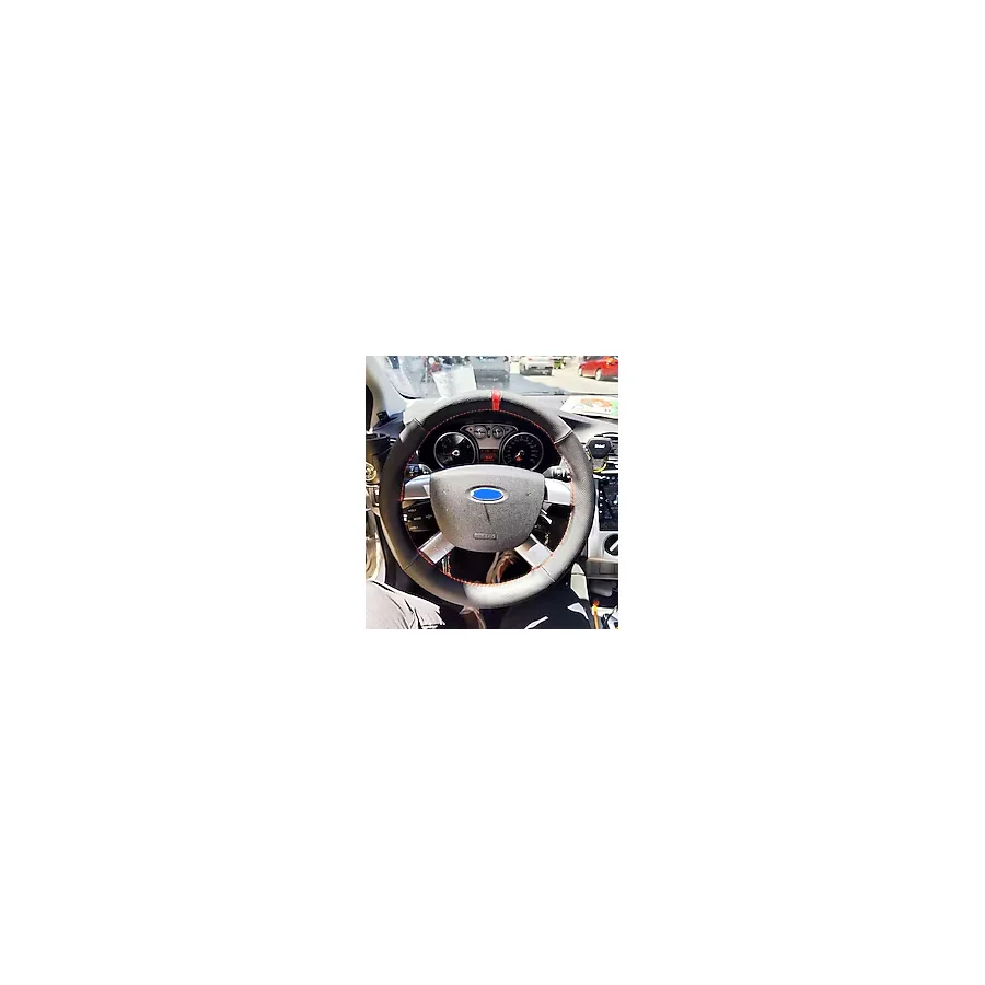 DİKİŞLİ DİREKSİYON KILIFI SİYAH - NOKTALI DERİ KIRMIZI YÜZÜK / DİKİŞ FORD FOCUS (fotodaki) İÇİN