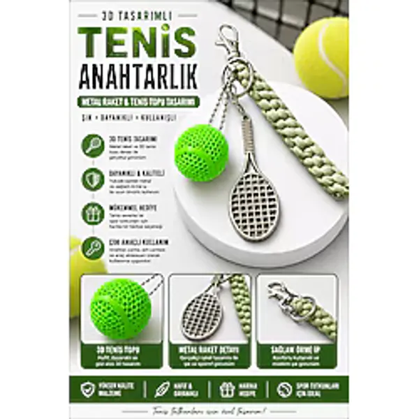 Dinç Spor Metal Raket Anahtarlık Pro Mini Tenis Seti Yeşil Toplu Çanta Aksesuarı