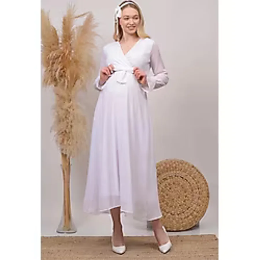 Dip Moda kadın beyaz kruvaze yaka baby shower şifon hamile elbise HML003