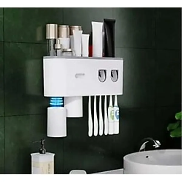 Diş Fırçası Tutucu 6 gözlü ve Ikili Duş Sabunlu Dispenser - Dikdörtgen Plastik Dağıtıcı, 23 cm, 400 ML, Gri - Banyo Kişisel Bakım Dolu Dolaplar ve Dispenserler
