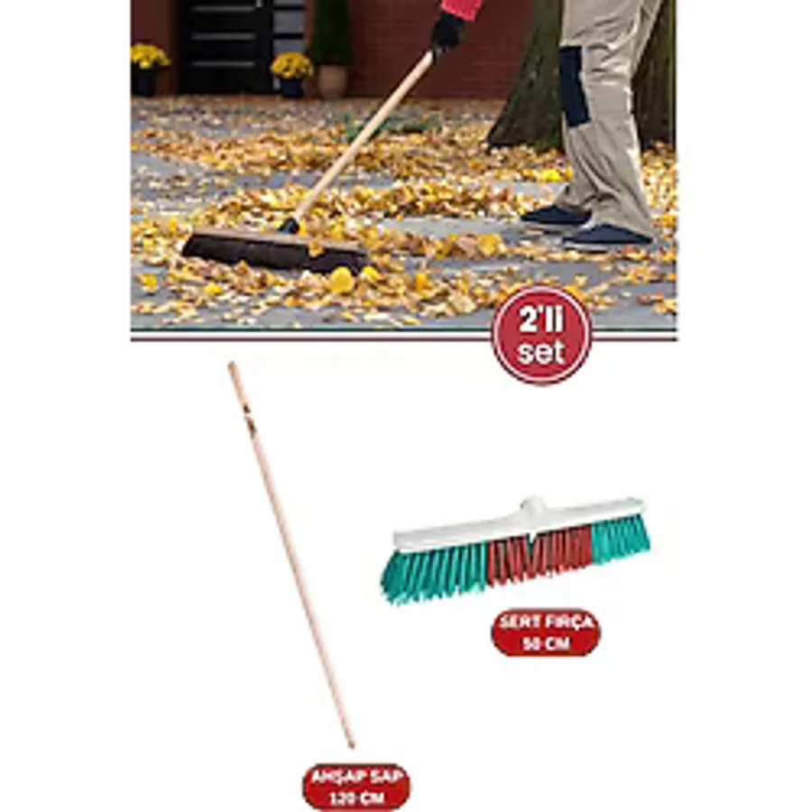 Dış Mekan Fırça ve Sap Temizlik Set, Bahçe Yaprak Moloz Süpürme Fırçası 50CM + Vidalı Ağaç Sap 120CM - Renkli