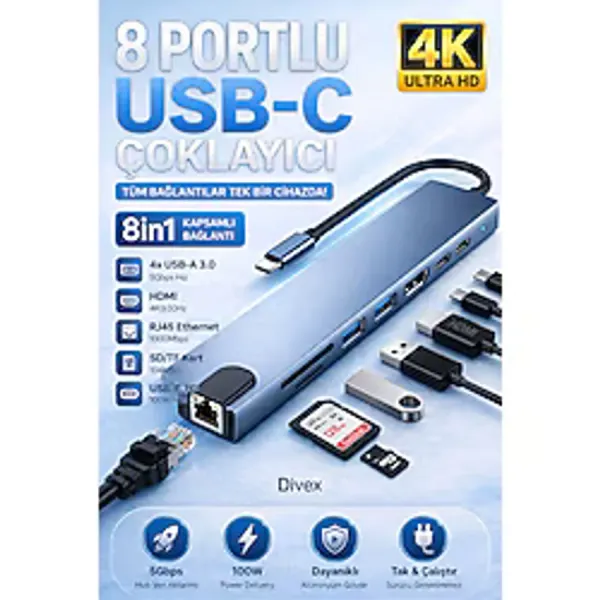 Divex Type-C 8'i 1 Arada Çoklayıcı Hub HDMI 4K, Ethernet, SD Kart, USB Çoklu Dönüştürücü