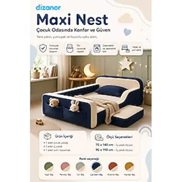 Dizanor Yeni Nesil Maxi Nest %100 Sünger ve Yıkanabilir Fermuarlı Kumaşa Sahip Bebek, Çocuk ve Genç Montessori Karyola Baza ve Başlık Yatağı Seti - 60 x 120 / Lacivert Fitilli