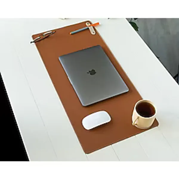 DK LEATHER Pu Deri Geniş Masa Matı El Yapımı Ofis Dekorasyon & Gaming Mousepad + Bardak Altlığı - 70X32 cm - Kahverengi