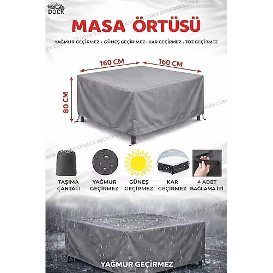 Dock Bahçe-Mobilya Brandası Masa ve Sandalye Tam Kapama-Tam Koruma 160X160X80 cm (Gri)