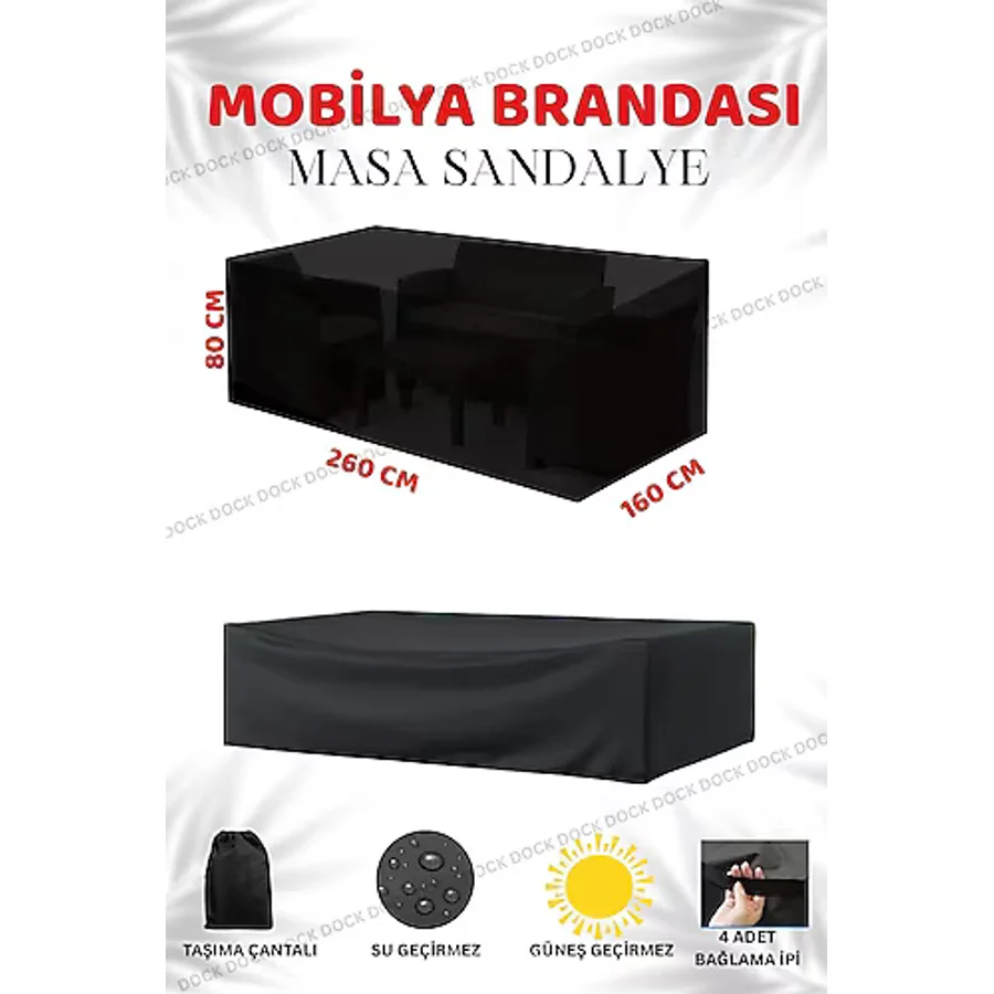 Dock MOBİLYA BRANDASI MASA VE SANDALYE TAM KAPAMA-KORUMA 260X160X80 CM (SİYAH)