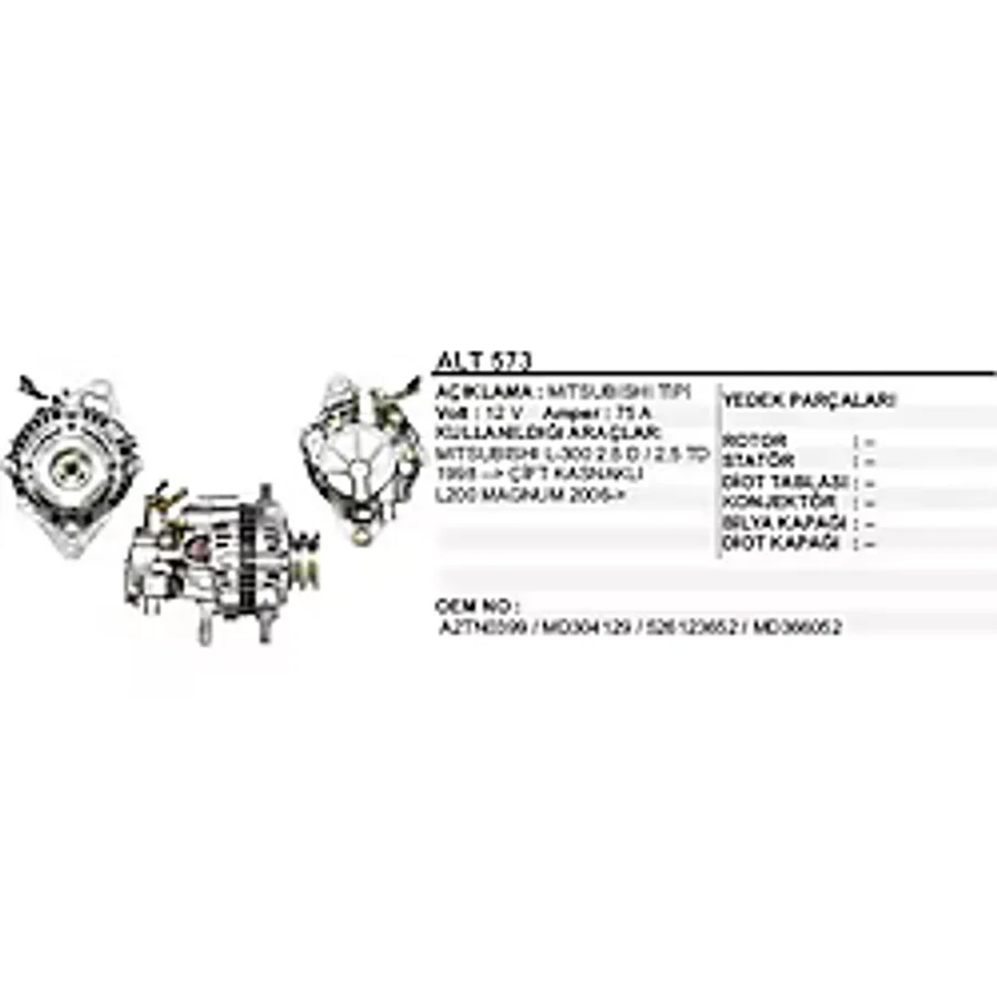 Dodo Alternatör 12V 75A Mıtsubıshı L300 D-Td H100 98-> Çift Kasnak Vakumlu Mıtsubıshı Tip Alt 575
