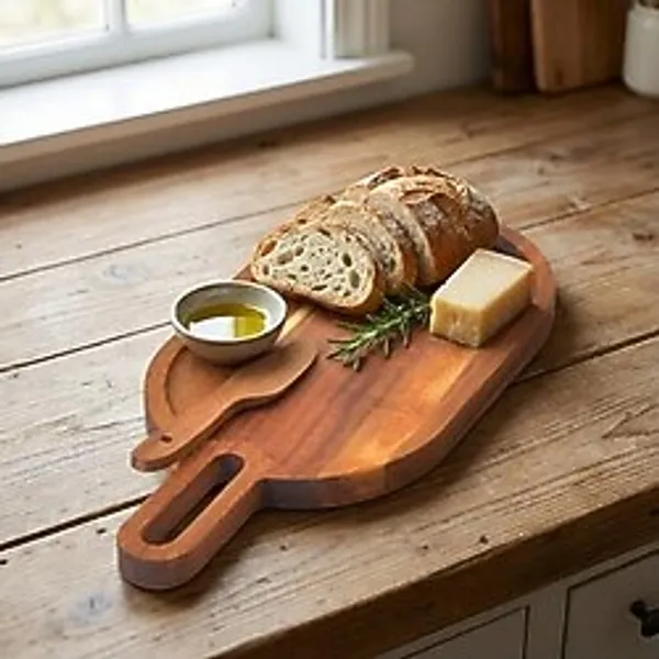 Doğal Akasya Ahşap Oval Peynir ve Sunum Tahtası - 30X14 cm Saplı Servis Tepsisi, Yanında Özel Ahşap Peynir Bıçağı Ile (2 Parça Set)
