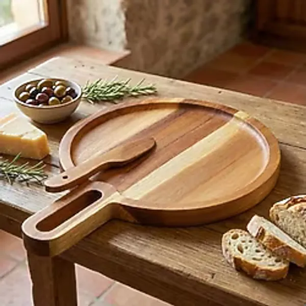 Doğal Akasya Yuvarlak Peynir Sunum Tahtası ve Bıçak Seti - 19 cm Ahşap Servis Tepsisi, Yanında Özel Peynir Bıçağı Ile (2 Parça Mini Set) - 0,60 x 19 x 29 cm