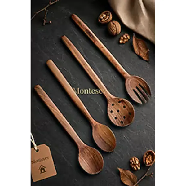 Doğal Ceviz Ağacı Ahşap Tahta Kaşık Spatula Kevgir Çatal Seti Ağaç Kaşık (4 Lü Set) Mta2
