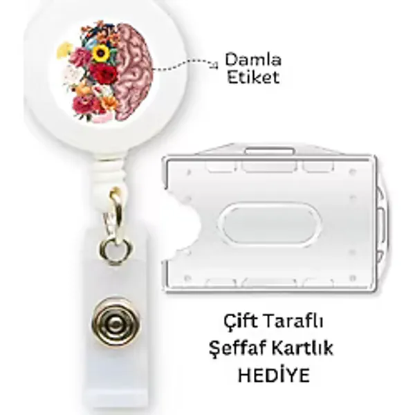 doktorbonem Beyin ve Çiçekler Damla Etiket Yoyo Yaka Kartlığı Yatay Dikey Kart Koruyucu