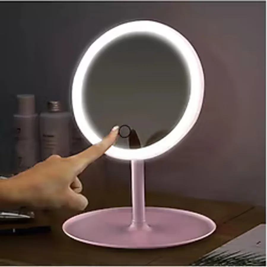 Dokunmatik Led Işıklı Usb Şarjlı Yuvarlak Makyaj Aynası Pembe SM8036