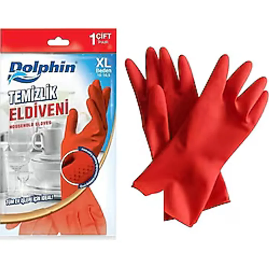 Dolphin Lateks Bulaşık Temizlik Eldiveni - Kırmızı - Xl - No : 10 - 1 Çift - Paket