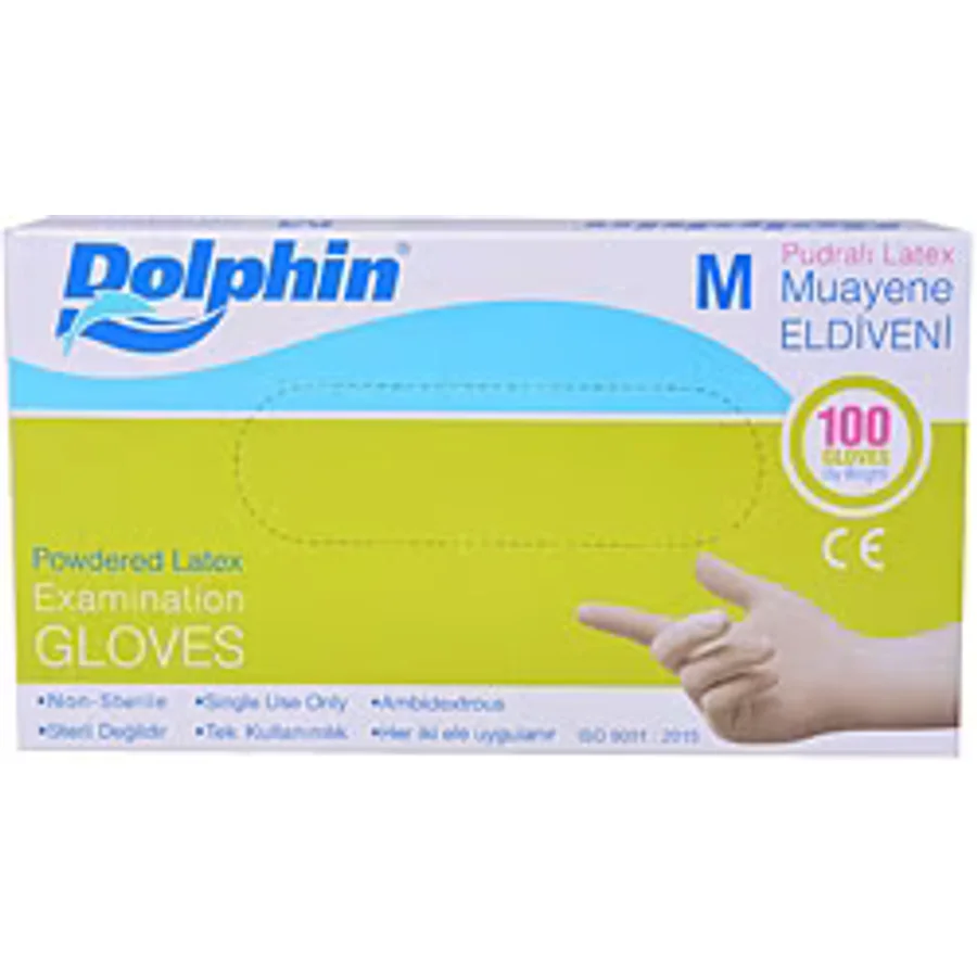 Dolphin Lateks Pudralı Orta Boy (M) 100 Adet Muayene Eldiveni