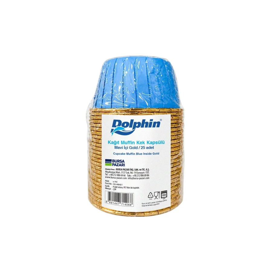 Dolphin Muffin Kağıt Karton Altın Mavi Cupcake Kek Kalıbı Kapsülü Kabı - 25 Adetlik 1 Paket