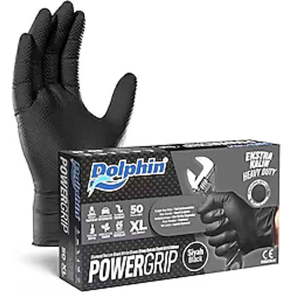 Dolphin Nitril Powergrip Ekstra Kalın Elmas Dokulu Eldiven Siyah Xl Büyük Boy - 50'Li Paket