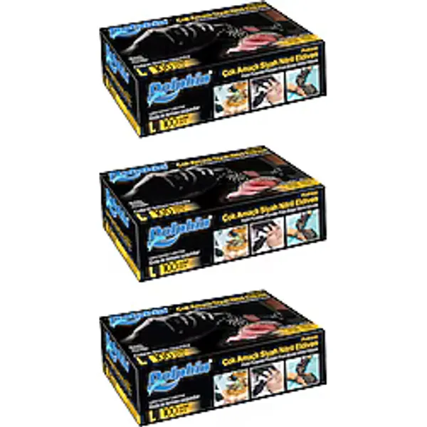 Dolphin Pudrasız Çok Amaçlı Siyah Nitril Büyük Boy (L) 100'lü 3 Paket Eldiven