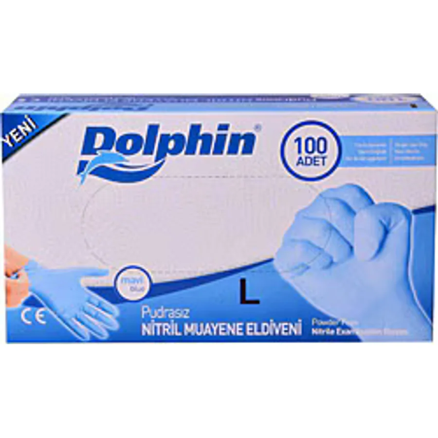 Dolphin Pudrasız Mavi Nitril Büyük Boy (L) 100'lü Muayene Eldiveni