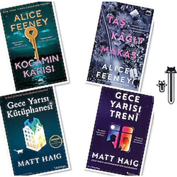 Domingo Yayınevi Kocamın Karısı - Taş Kağıt Makas (Alice Feeney) - Gece Yarısı Kütüphanesi - Gece Yarısı Treni (Matt Haig) +2 Aba Kedili Kitap Ayracı - Hediyeli