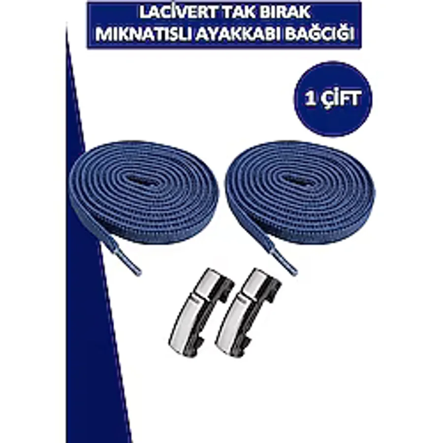 Dopar Elastik Lacivert Akıllı Kilitli Bağcık Mıknatıslı Metal Tak Bırak Spor Ayakkabı Bağcığı 100 Cm