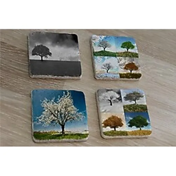 Dört Mevsim Ağaçlar Doğal Taş Bardak Altlığı 4'lü set - Natural Stone Coasters