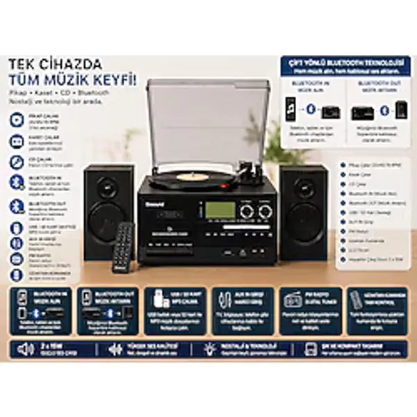 Dosound Tr-18 Ahşap Hoparlörlü Pikap Çalar Kaset Cd Bluetooth Usb Sd Müzik Sistemi