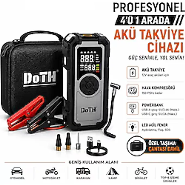 Doth Akü Takviye Lastik Şişirme Pompası Powerbank Led Işıklı Dijital Gösterge GERÇEK 8.000 MAh