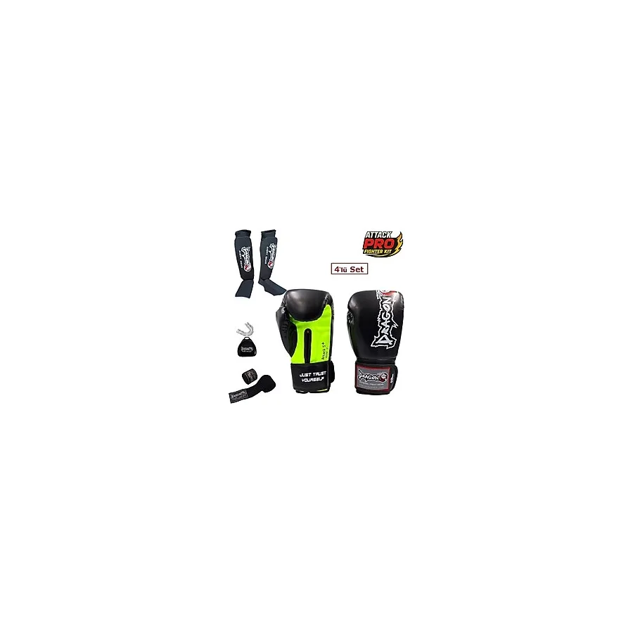 Dragon Attack 5 Plus Profesyonel Boks Eldiveni 4'lü Set Boks Eldiveni Kaval Koruyucu Bandaj Dişlik - Siyah - 10 oz
