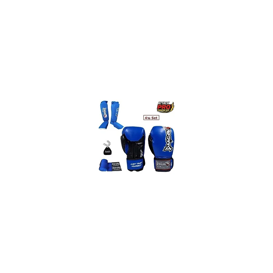 Dragon Attack 5 Plus Profesyonel Boks Eldiveni 4'lü Set Boks Eldiveni Kaval Koruyucu Bandaj Dişlik - Mavi - 12 oz