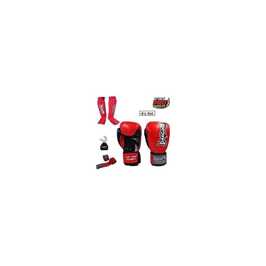 Dragon Attack 5 Plus Profesyonel Boks Eldiveni 4'lü Set Boks Eldiveni Kaval Koruyucu Bandaj Dişlik - Kırmızı - 10 oz