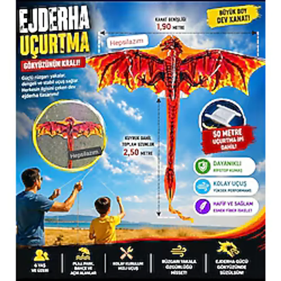 Dragon Oyuncak Uçurtma Büyük Ejderha Alev Desenli 1.55x1.82cm Kolay Uçan