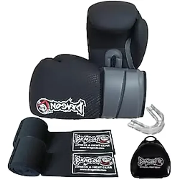 Dragondo Bazooka Boks Eldiveni 3,5 Metre Bandaj ve Dişlik Set Boks Seti, 10 oz, DRG.BZK.3SET, Siyah