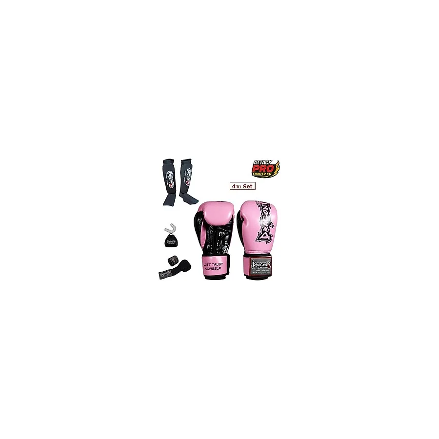 DragonDo Dragon Attack 5 Plus Profesyonel Boks Eldiveni 4'lü Set Boks Eldiveni Kaval Koruyucu Bandaj Dişlik - Pembe - 12 oz