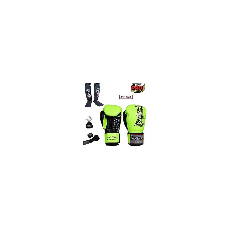 DragonDo Dragon Attack 5 Plus Profesyonel Boks Eldiveni 4'lü Set Boks Eldiveni Kaval Koruyucu Bandaj Dişlik - Yeşil - 8 oz