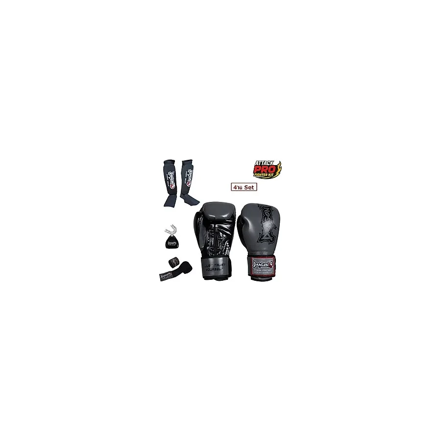 DragonDo Dragon Attack 5 Plus Profesyonel Boks Eldiveni 4'lü Set Boks Eldiveni Kaval Koruyucu Bandaj Dişlik - Gri - 8 oz