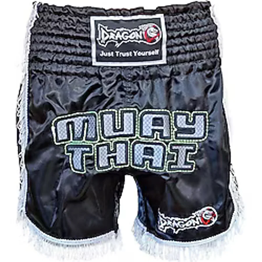 Dragondo Mt3020 Apache Muaythai Şortu Siyah Püsküllü Şort Nakışlı Muay Thai Şortu