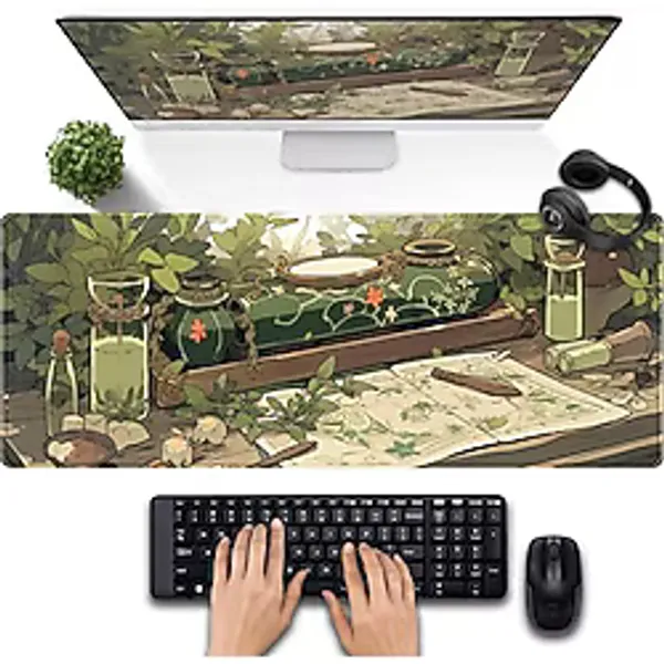 DSKGSJH Sevimli Yeşil Bitkiler Masa Matı Anime Adaçayı Mouse Pad Oyun Masası Pedi XL, Kawaii Estetik Dizüstü Bilgisayar Klavyesi ve Fare Altlığı, Masaüstü Dekor Aksesuarları Kız Kadın Ofis için Mousep