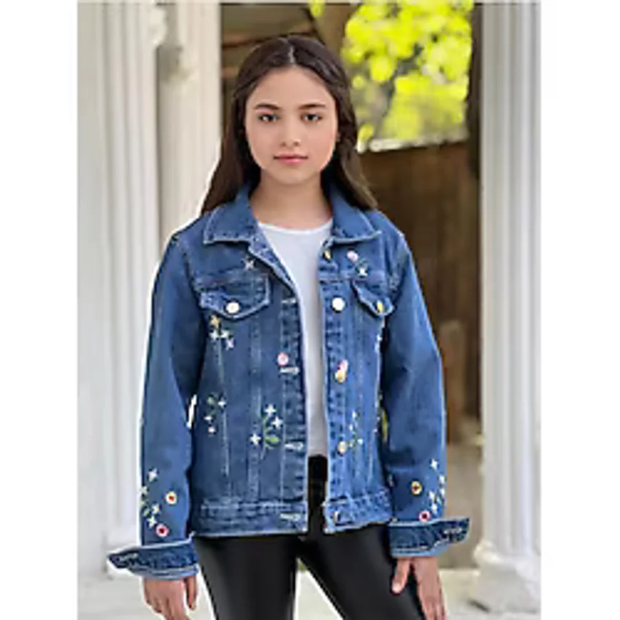 DUDOR KİDS Kız Çocuk Çiçek Nakışlı Kot-Jeans Ceket/Kot-Jeans Mont