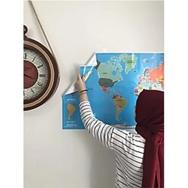 Dünya Haritası Akıllı Kağıt Tahta Yazı Tahtası Özel Baskılı Renkli Dekoratif 118x56 Cm Mavi