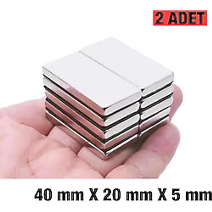 Dünya Magnet Plaka Mıknatısı, Köşeli Neodyum Mıknatıs, 40x20x5 Mm, Süper Güçlü Magnet - 2 Adet