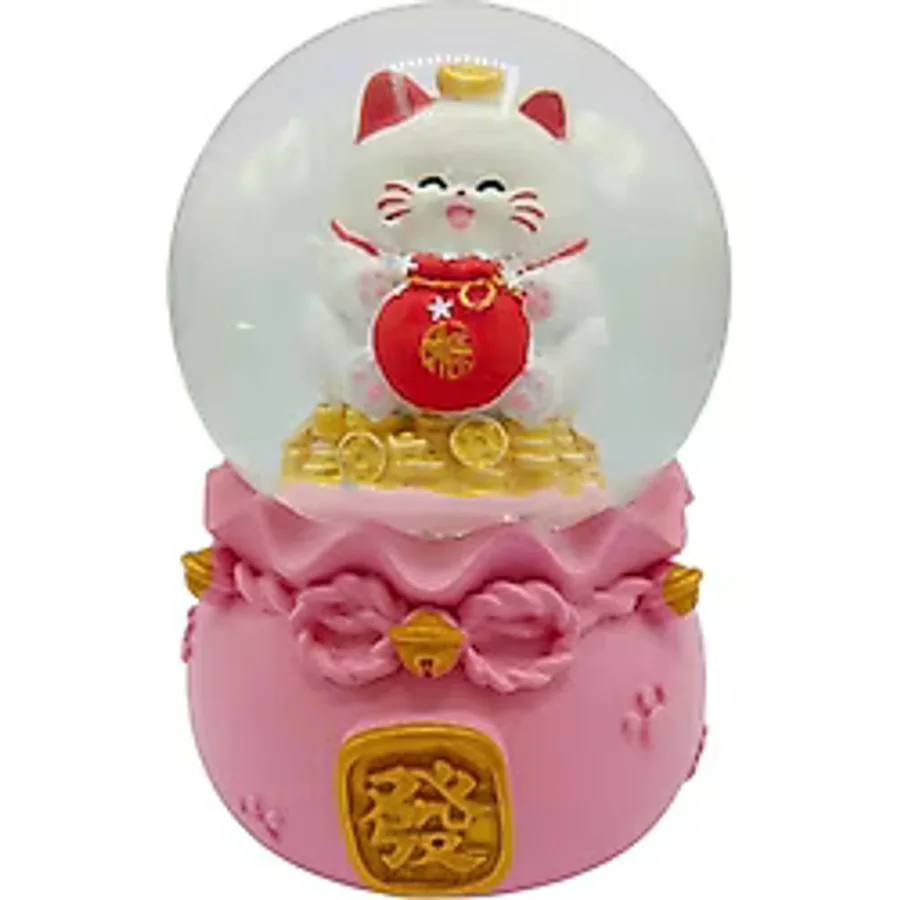 Dünyadan Hediyeler Maneki Neko Şans Kedisi Işıklı Kar Küresi Pembe 9cm