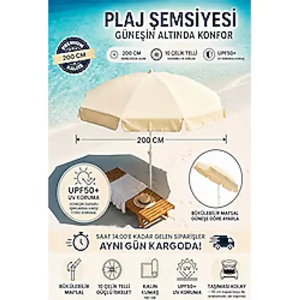 Durul Şemsiye Plaj, Güneş Ve Balkon Şemsiyesi Krem Renk Kalın Kumaş 10 Telli 200cm Çap