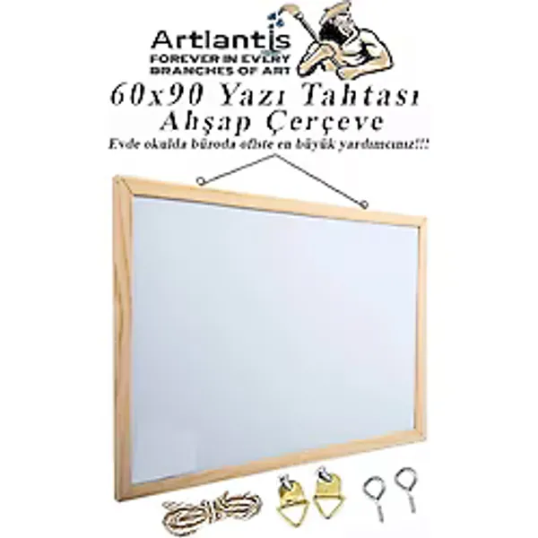 Duvara Monte Beyaz Yazı Tahtası 60x90 cm 1 Adet Laminant Yazı Tahtası Ahşap Çerçeveli Askılı Okul Ofis Büro