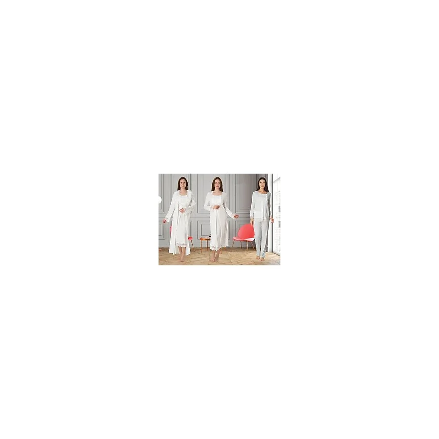 Dvina Effortt Lohusa 4'lü Set - Sabahlık/pijama Takımı/gecelik Ekru - 3046