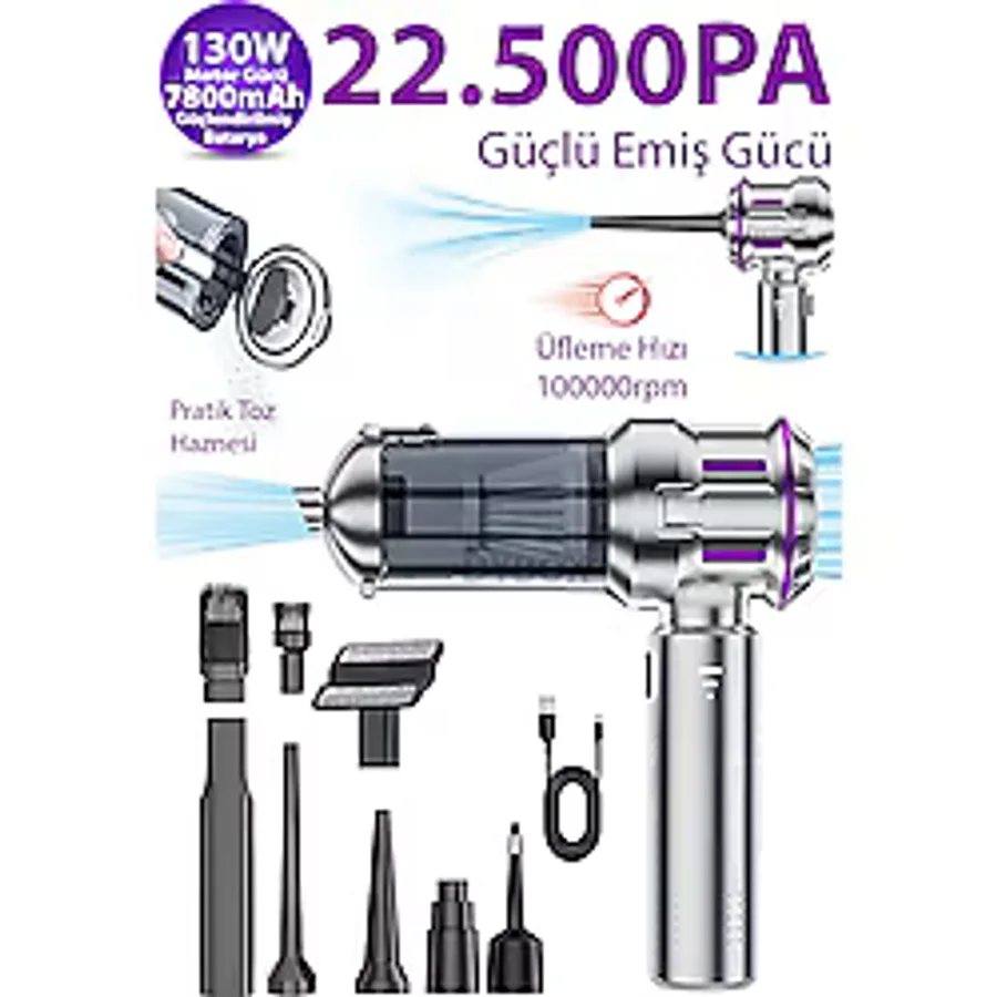 Dybox 22500pa Güçlü Portatif Vakumlu Kablosuz Üflemeli Mini Araç Süpürgesi